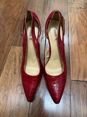 Red Croc-Embossed Pointed Toe Slingback Heels